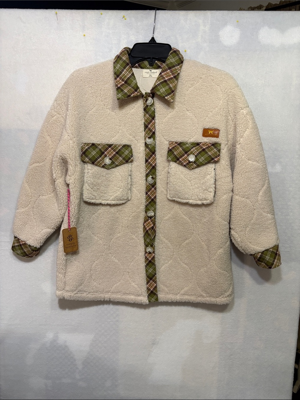 Simply Southern Kids Cream Sherpa Jacket with Green Plaid Trim NWT Youth Large